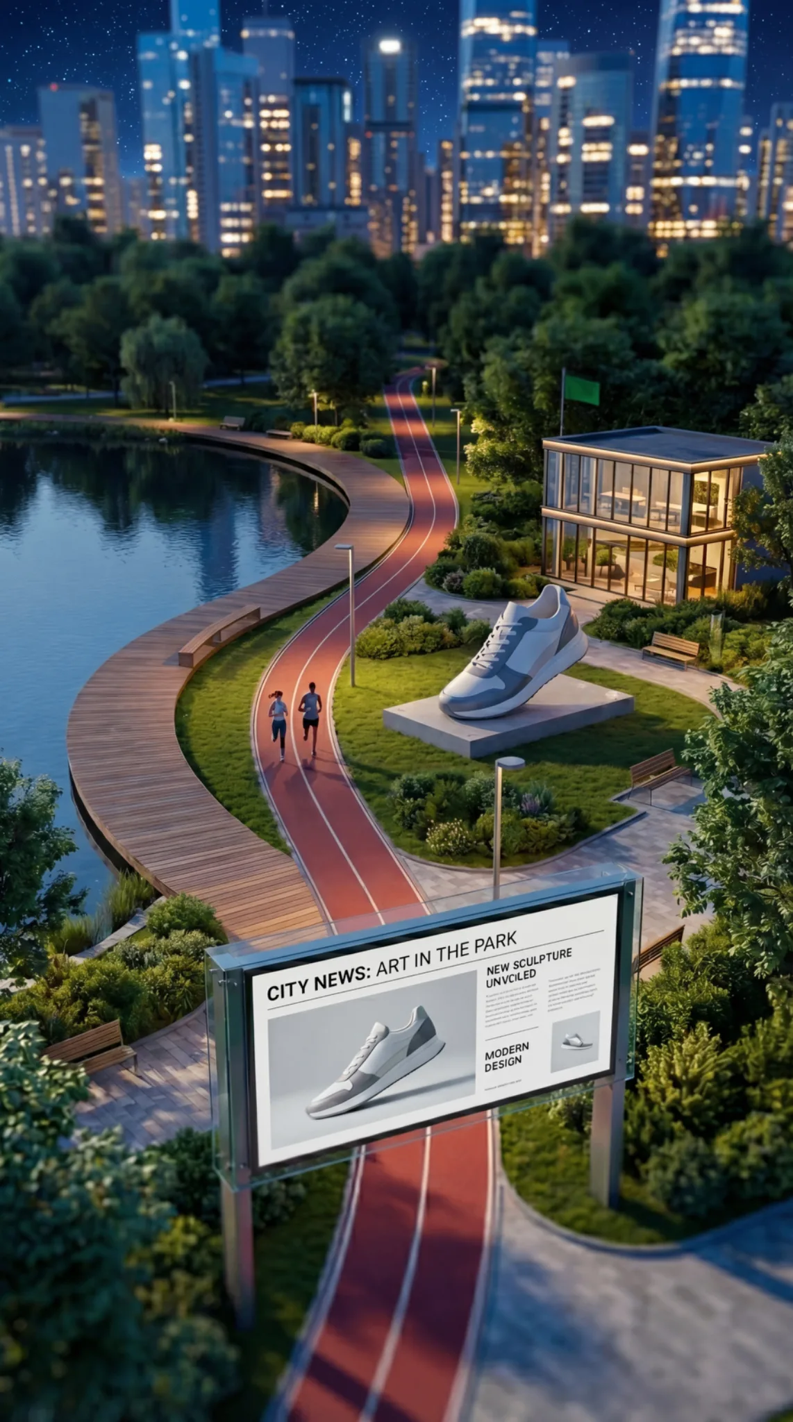 Conceptual city progress view awaiting an approved English product screen