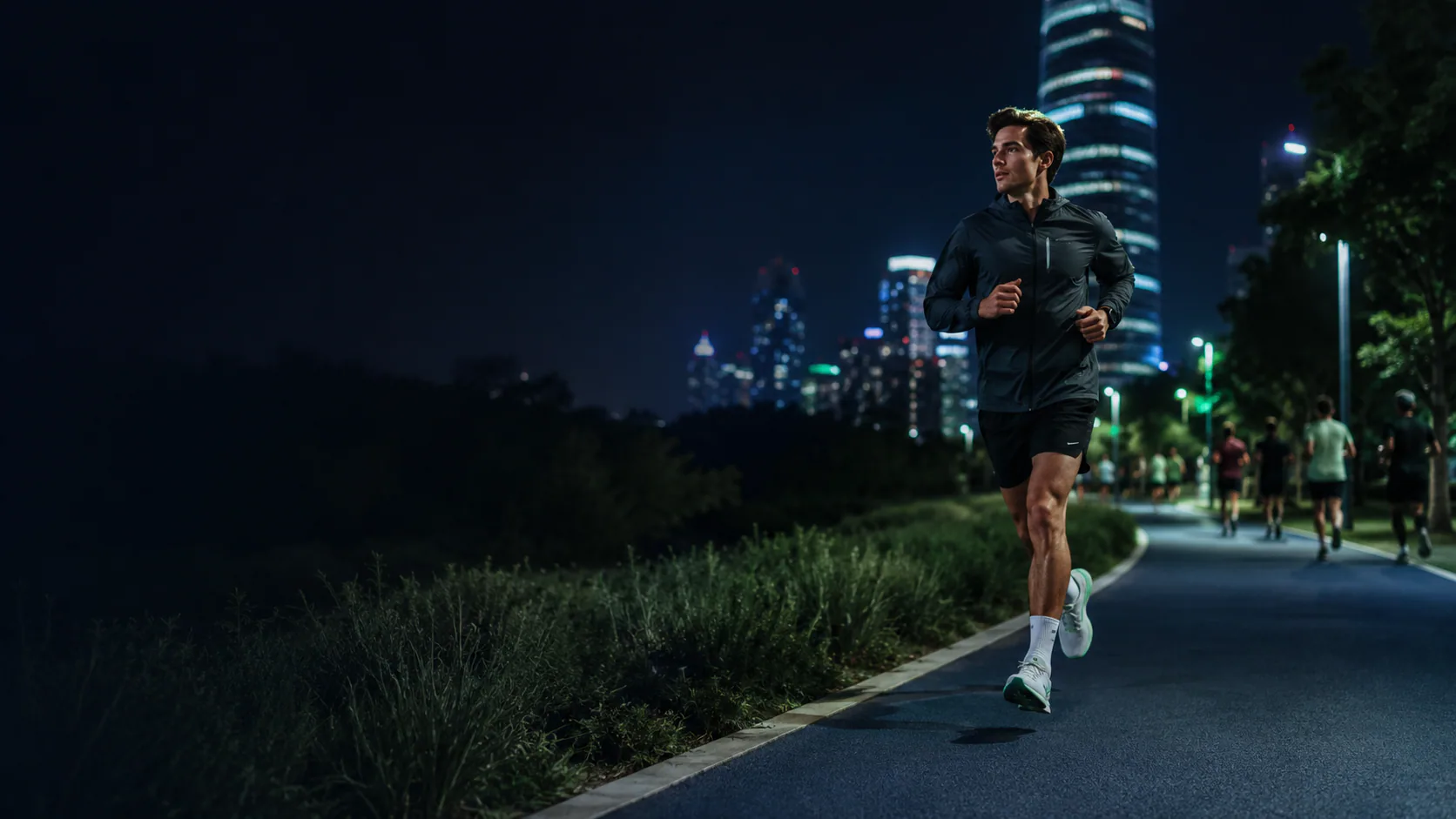 Runner on a city path at night