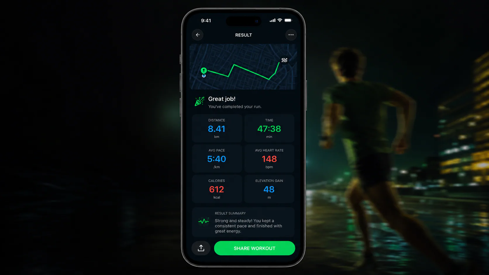 Completed run result with route and workout metrics
