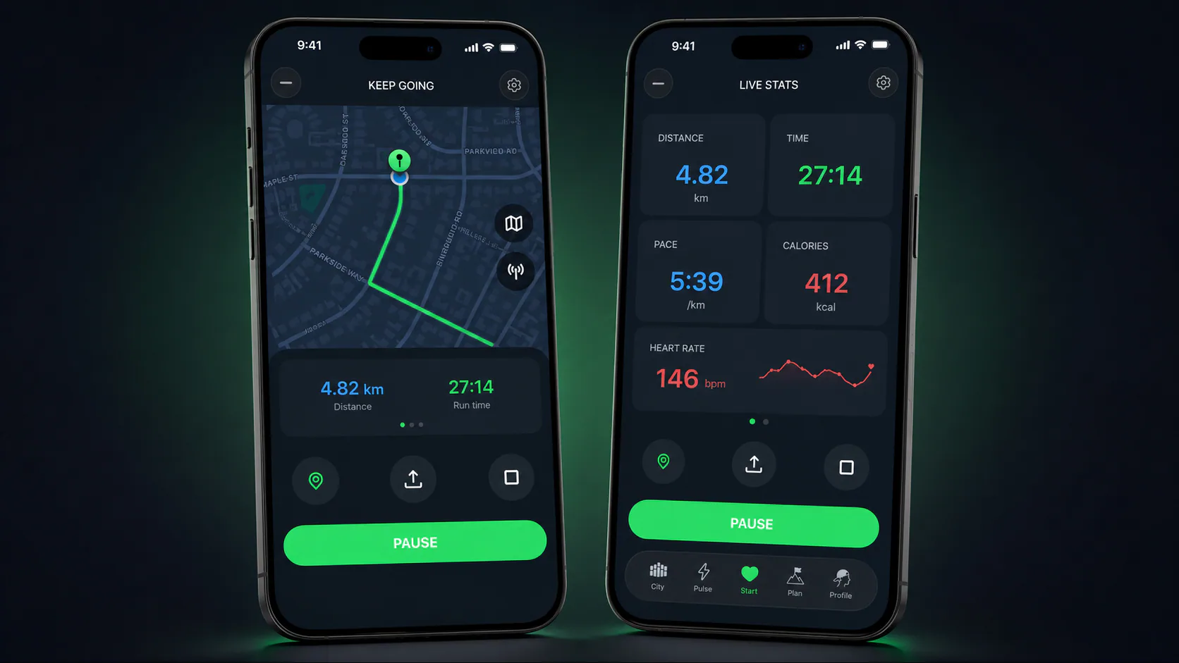 Two CREWA screens showing a live route and running metrics